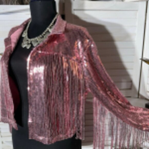 NWT Hot Topic Taylor Swift style Sequin Fringe Blazer Tassel Barbie Pink sz S/M - Picture 8 of 15
